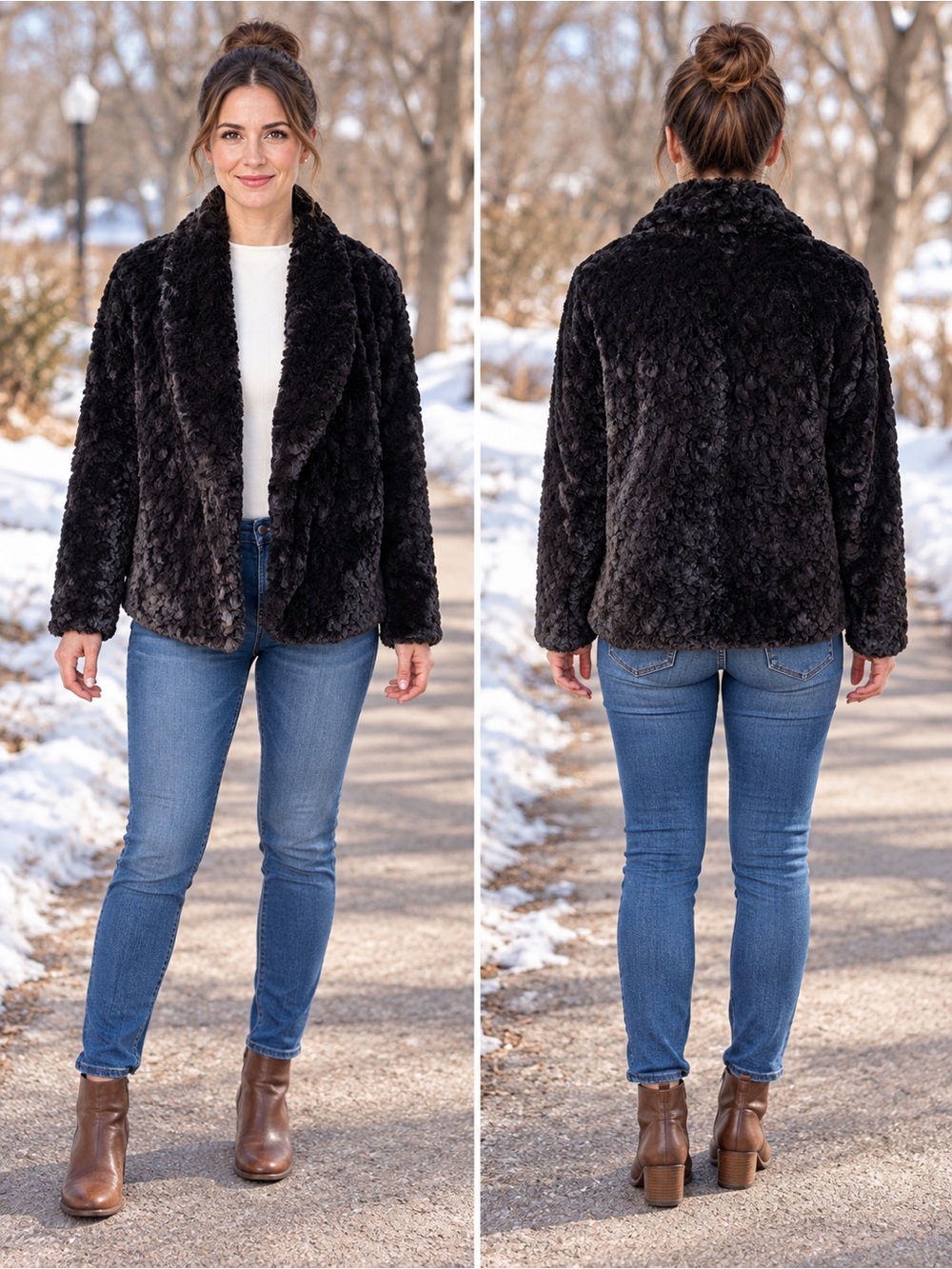 Xhilaration Black Textured Faux Fur Open Front Shawl Collar Jacket